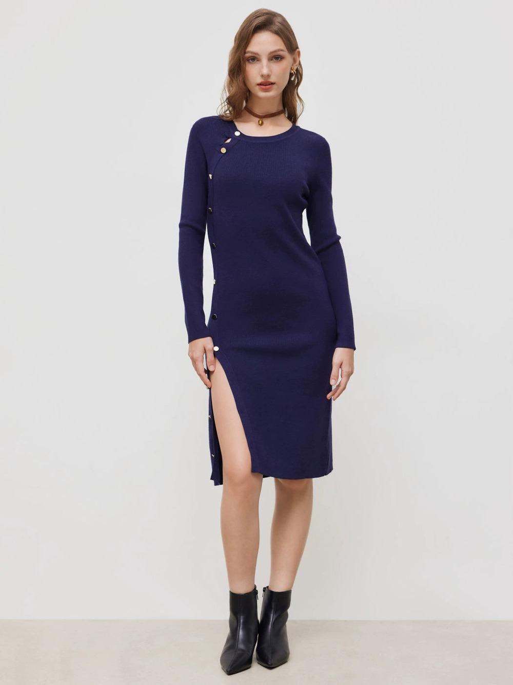 Zara Navy Blue Knit Dress with Diagonal Gold Buttons and Slit